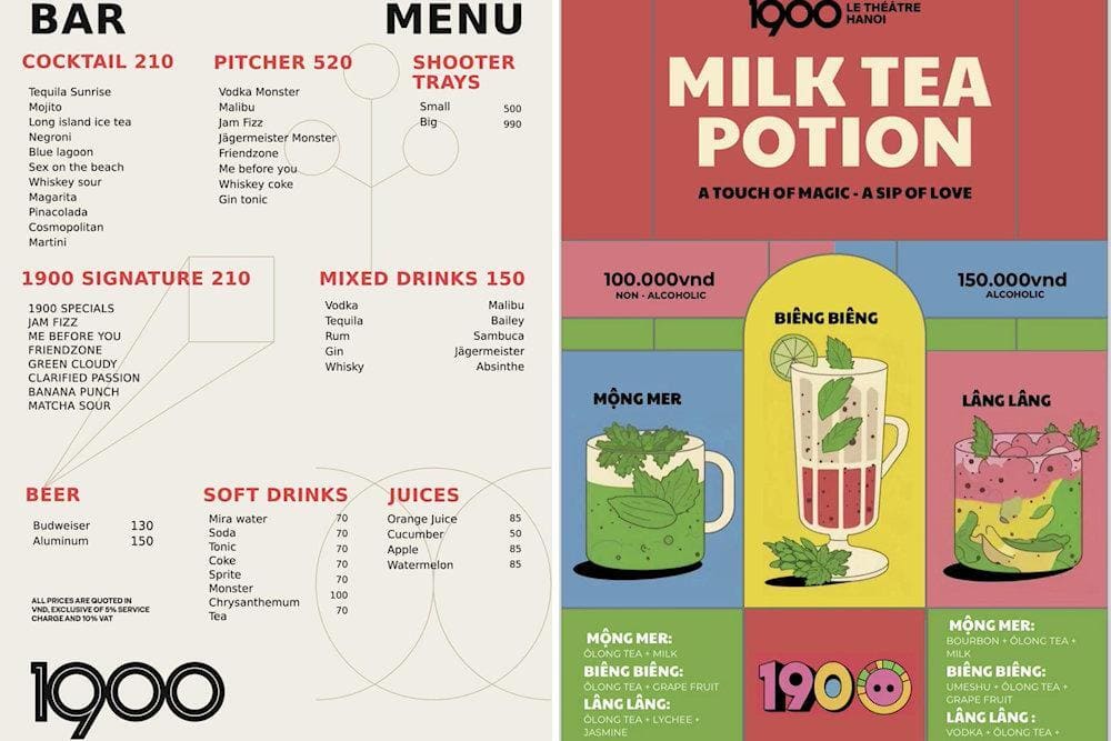The drink menu offers a wide variety, from alcoholic beverages to non-alcoholic options, catering to all customer preferences (Source: 1900)